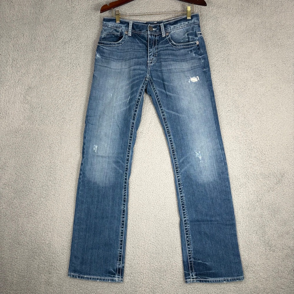 BKE Jeans Mens 32L Blue Straight Leg Distressed Denim Thick Stitching